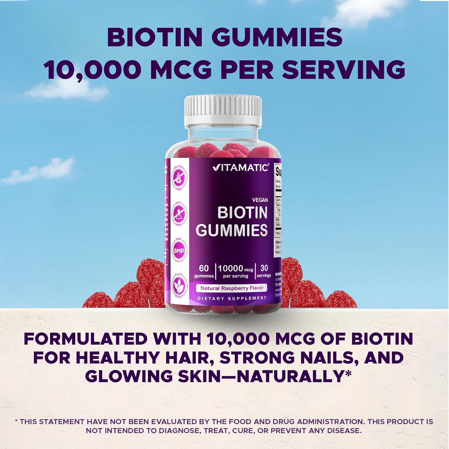 Vitamatic Biotin Gummies 10,000 Mcg for Stronger Hair, Skin & Nails - 60 Vegan Gummies - Also Called Vitamin B7