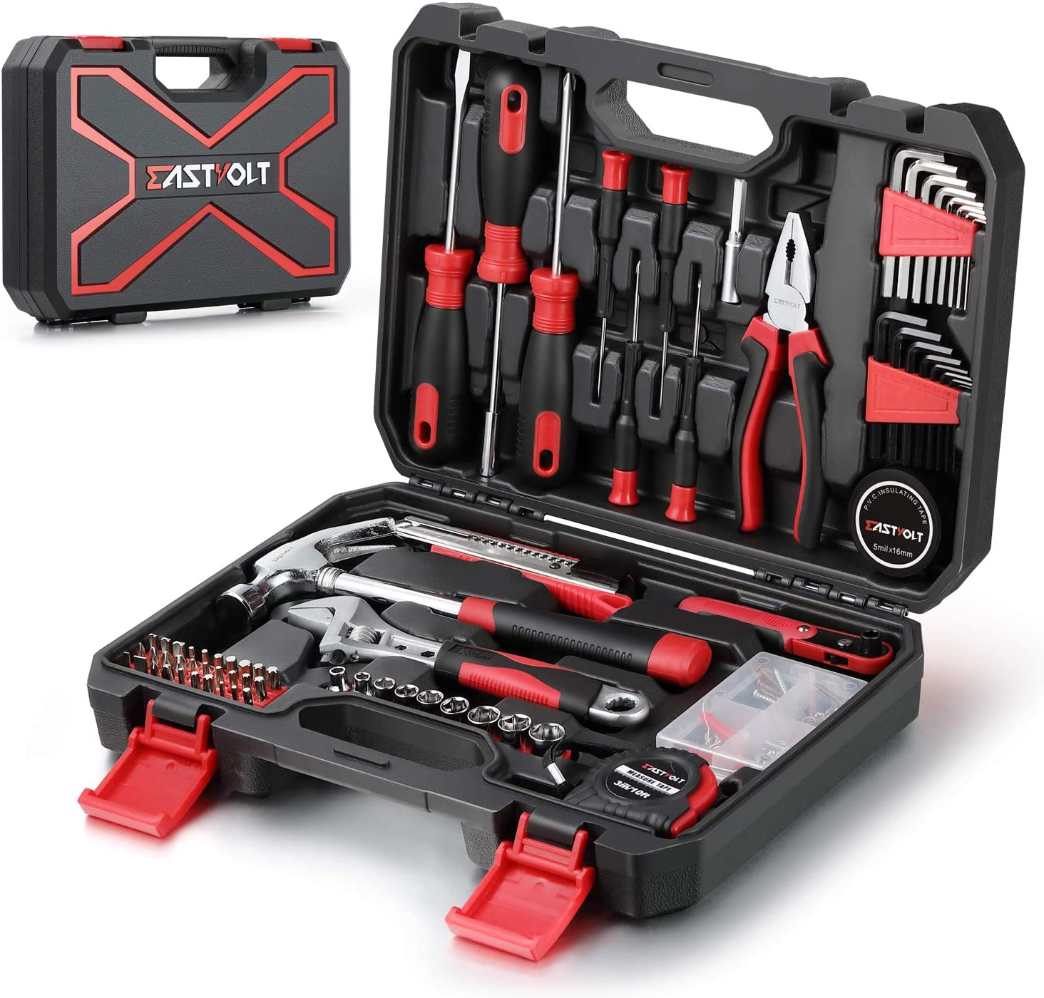 Eastvolt 128-Piece Home Repair Tool Set, Tool Sets for Homeowners, General Household Hand Tool Set with Storage Toolbox, EVHT12801, Black + Red (ASK01) image number 5