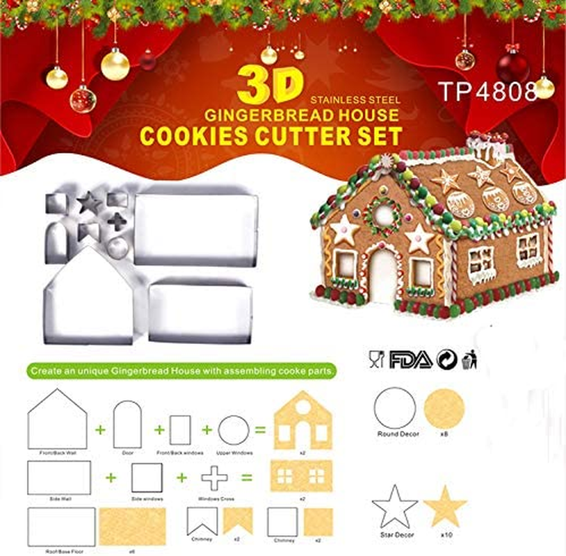 18 PCS Gingerbread House Cookie Cutter Set, 3D Stainless Steel Christmas House Fondant Cutter Kit, Including Christmas Tree, Snowman, Reindeer, Sled Shapes, Gift Box image number 3