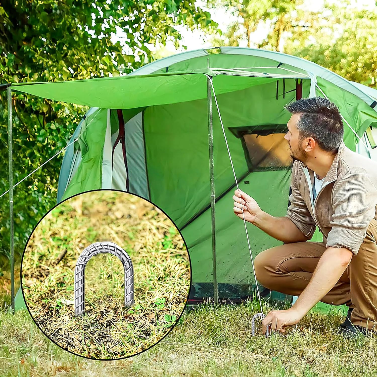 Rebar-Stakes-12-Inch-Galvanized, U Hook Trampoline Stakes 10 Pack Ground Anchors Tent Stakes Heavy Duty for Plants Anti-Rust Landscape Fabric Stakes Artificial Turf image number 5