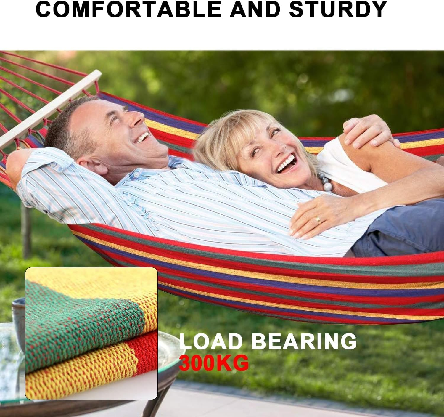 260 * 150Cm Double Hammock, Colorful anti Roll Hammock with 2 Curved Stick, Made of Soft Canvas without Stand, Replacement for Backyard, Porch, Outdoor and Indoor