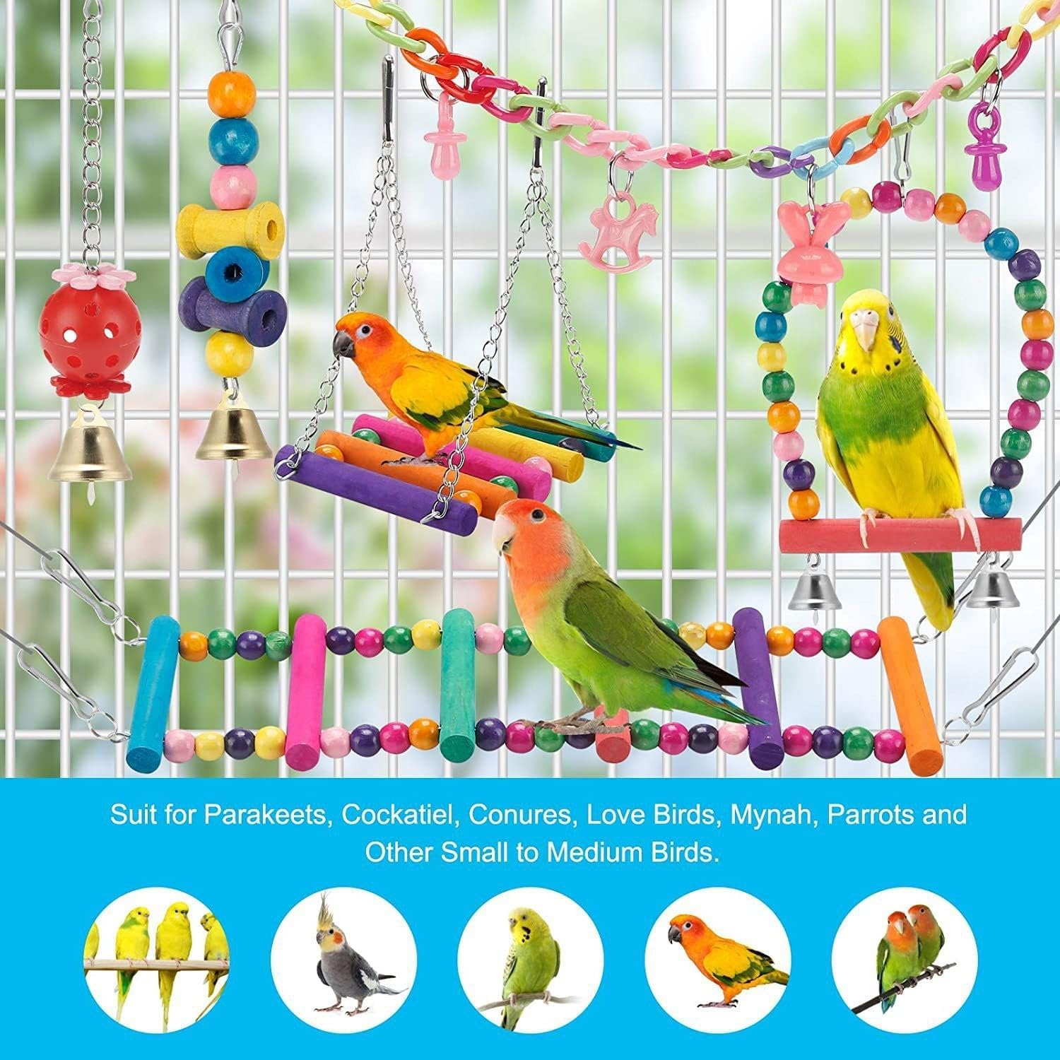 11Pcs Colorful Parrot Toy Set Birdcage Accessories, Stair Swing Rings Plastic Puzzle Ball Toys Suitable for Birds and Parrots to Play image number 2