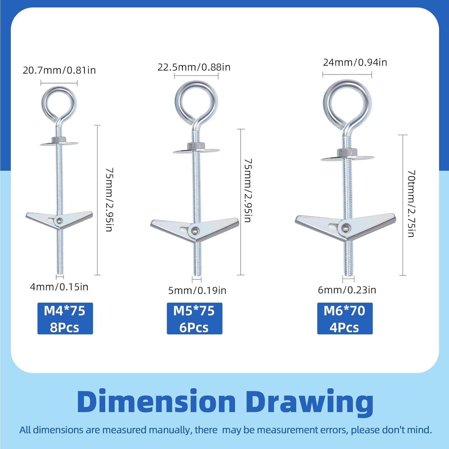 Glarks 18Pcs M4 M5 M6 O-Shaped Eye Bolt Toggle Anchors Set for Drywall, Toggle Bolts, Butterfly Anchors, Spring Toggle Wing Bolts for Ceiling, Sheetrock, Hollow Wall image number 3