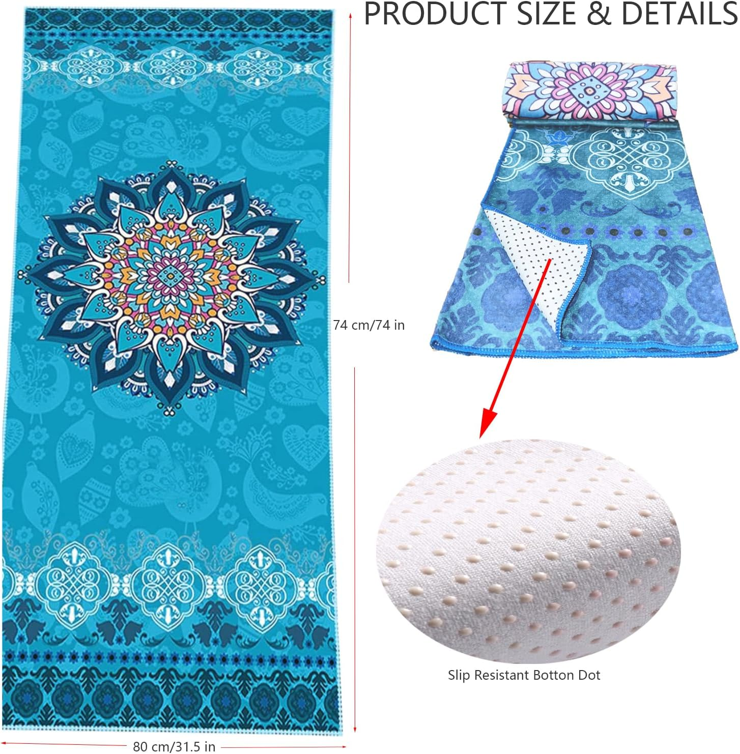 EXERCISE Large Yoga Towel74 L X 27.5" W Rubber Grip Dots Bottom Non Slip Yoga Mat Towel for Hot Yoga Pilates and Workout image number 4