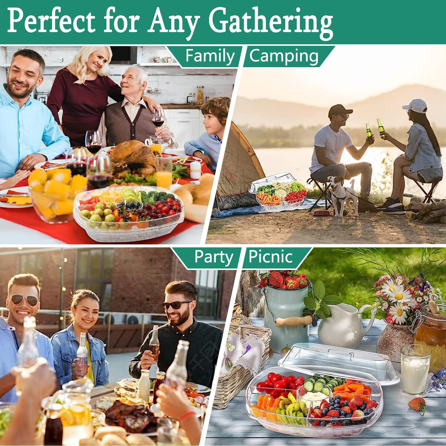 Divided Serving Tray with Lid, Large Serving Platter on Ice Serving Trays for Party with 3 Compartments and Dipping Bowl, Veggie, Fruit, Cheese, Salad, Sushi, Appetizer Trays for Serving Food image number 5