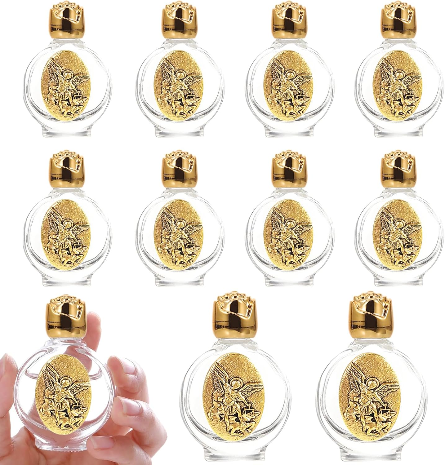 12 Pcs Embossed Holy Water Bottles 0.5 Floz Glass Water Bottle Portable Holy Water Container Church Blessing Decorations Bottles for Home Wedding Baptism Party Favors(Gold，Angel) image number 1