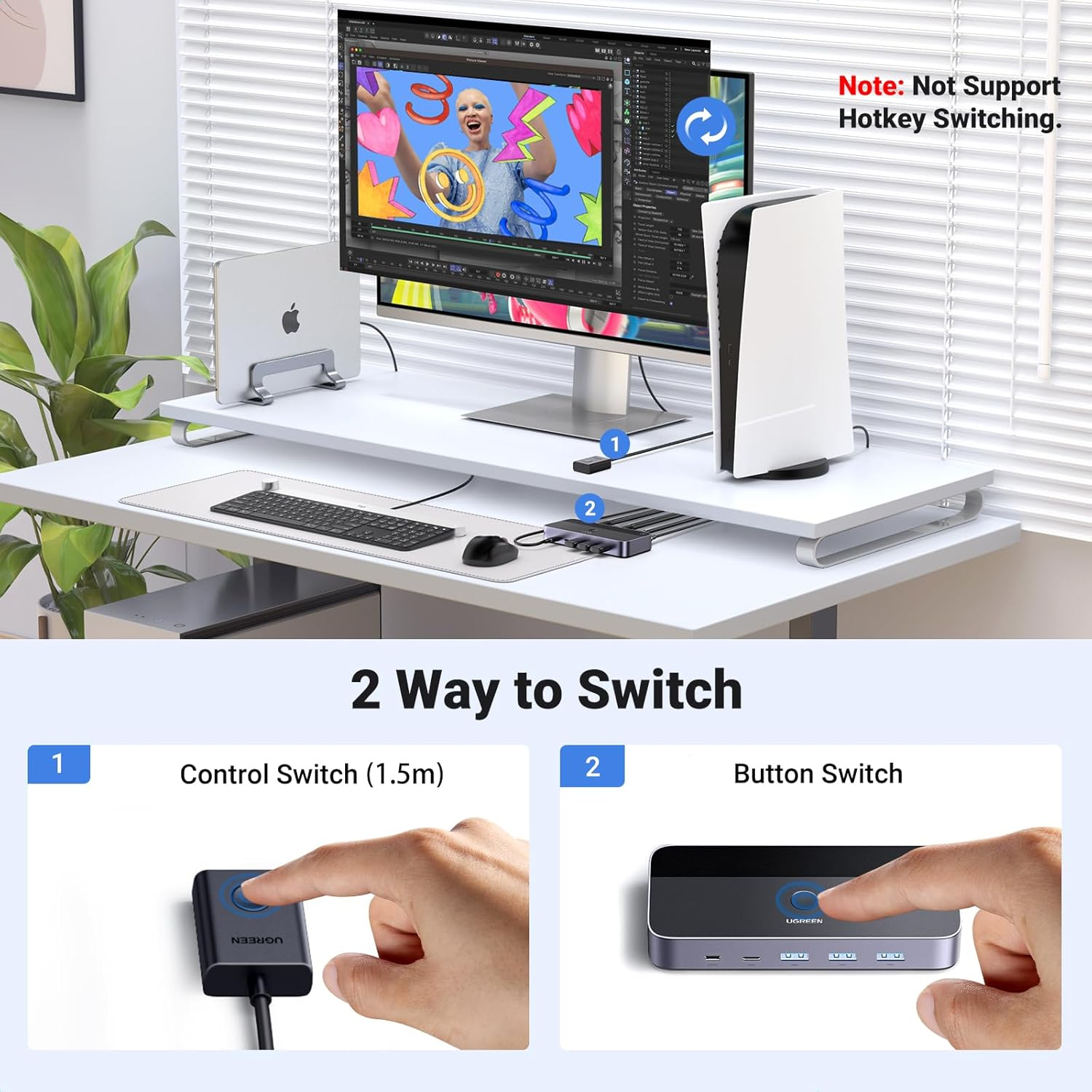 UGREEN USB 3.0 KVM HDMI Switch 4K@60Hz High-Speed Transmission Share 3 USB + 1 Type-C Ports for Keyboard Mouse Hard Drives Printer to One Monitor with 2 USB Cables and 2 HDMI Cables