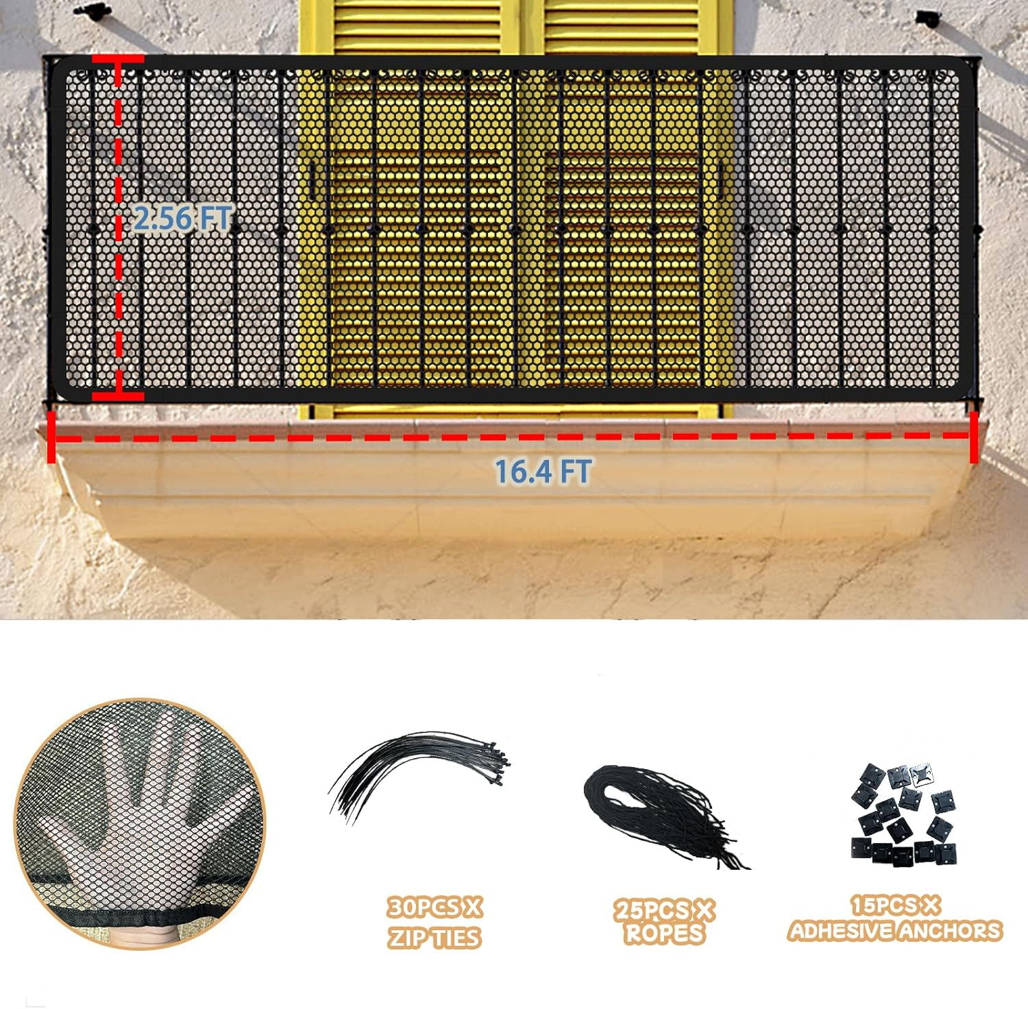 Stair Netting Child Safety Net, Baby Gate for Stairs with No Drilling, Stairway Net, 16.4 Ft L X 2.56 Ft H, Banister Guard, Balcony Banister Stair Net for Child, Small Pet,Toy- Indoor & Outdoor(Black) image number 5