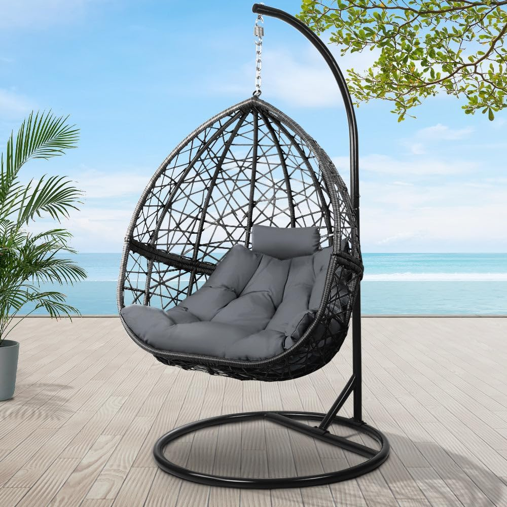 Gardeon Outdoor Egg Swing Chair Rattan Black Garden Bench Hanging Seat, Patio Baconly Furniture Chairs, with Cushions Stand Wicker Basket Water Resistant 150Kg Capacity image number 4