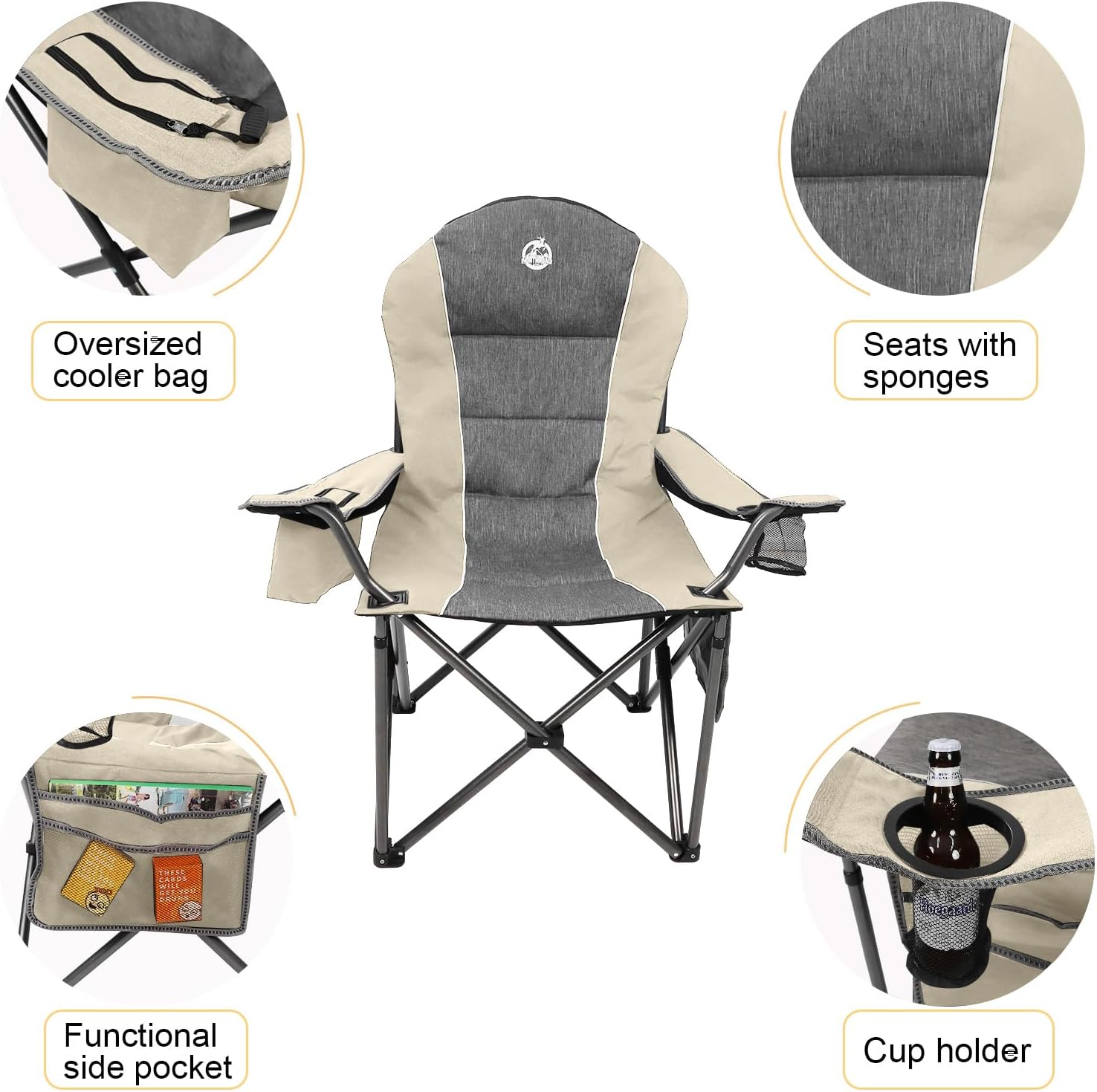 Northroad Oversized Portable Camping Chair, Full Padded Outdoor Folding Chair Support 350 LBS, Heavy Duty Lawn Chair with Cup Holder, Cooler Bag, Lumbar Support, Head Pocket for Adult-Beige