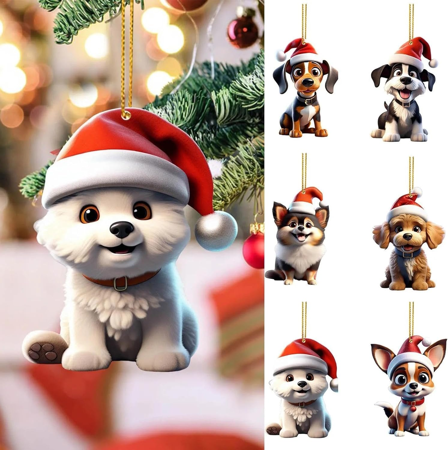 Puppy Ornaments for Christmas Trees, 6X Acrylic Puppy Craft Decor, 2024 Christmas Tree Pendants, 2D Santa Hat Dog Tabletop Ornaments for Christmas Tree image number 3