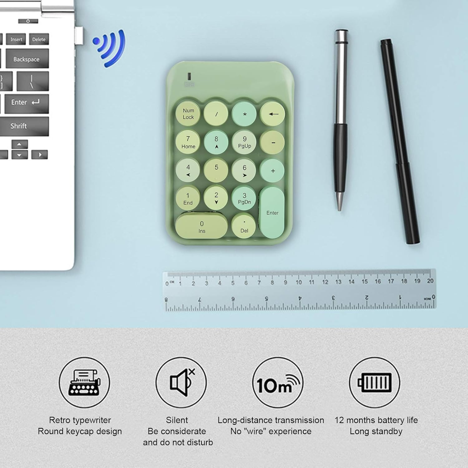 Wireless Numeric Keyboard, 18 Keys Chocolate round Keycap Retro Typewrite Numeric Keyboard 2.4Ghz Portable Silent Number Keyboard with USB Receiver for Laptop, Notebook, Mac (Fantasy Green) image number 1
