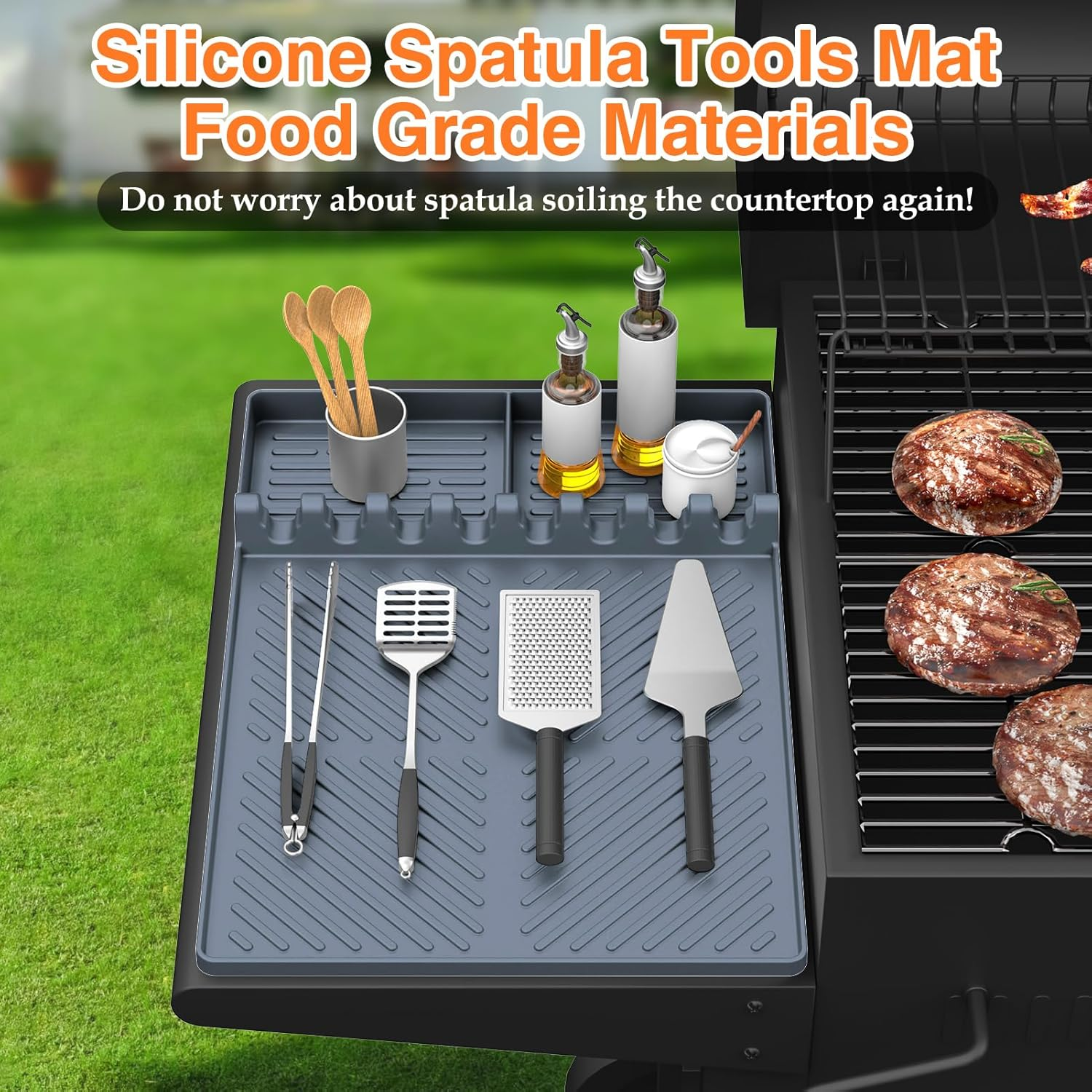 Silicone Griddle Tools Mat for Blackstone, Griddle Accessories Side Shelf Mat Grill Pad with Drip Pad (Grey) - Black (2Packs) image number 7