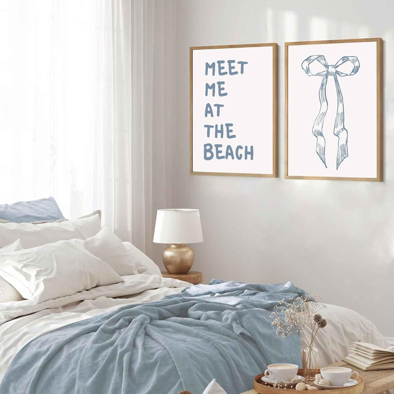 2Pcs Trendy Meet Me at the Beach Wall Art Blue Coastal Granddaughter Hair Bow Prints Beachy Aesthetic Room Decor Posters Preppy Wall Decor Pictures for Girly Dorm Apartment Unframed 12X16In image number 1