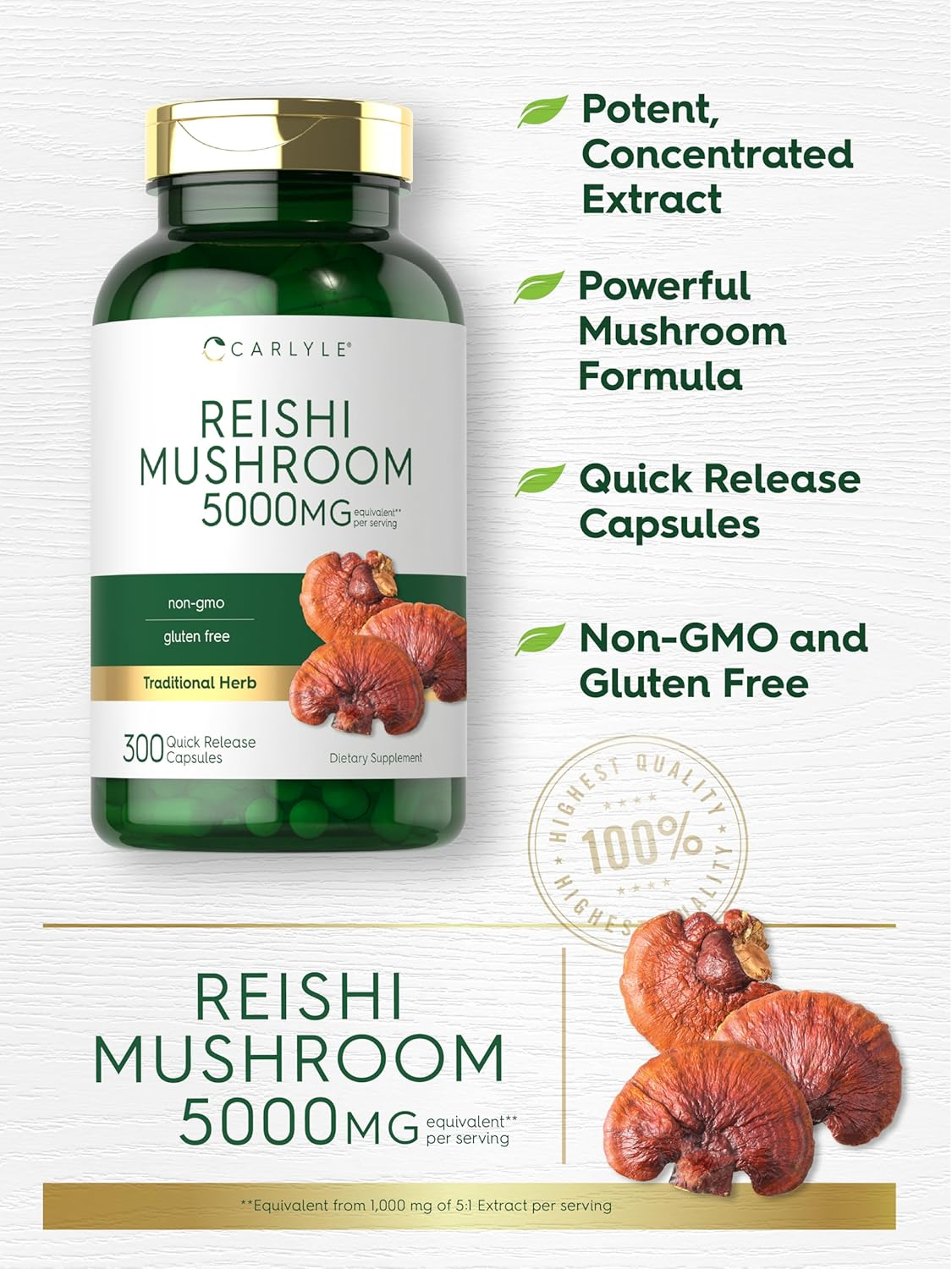 Reishi Mushroom Capsules 2500Mg | 300 Count | Non-Gmo, Gluten Free Reishi Mushroom Extract | by Carlyle