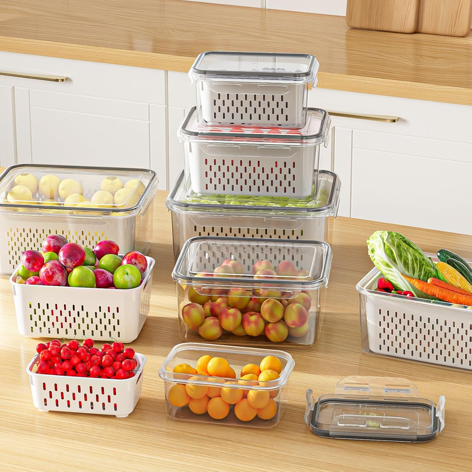 Fruit Storage Containers for Fridge with Removable Colanders, Food-Grade Freezer-Sealed Drained Fruit Containers for Fridge, Keep Fruit Fresh for Long Periods of Time, Dishwasher Safe (Clear-6 Pack) image number 1