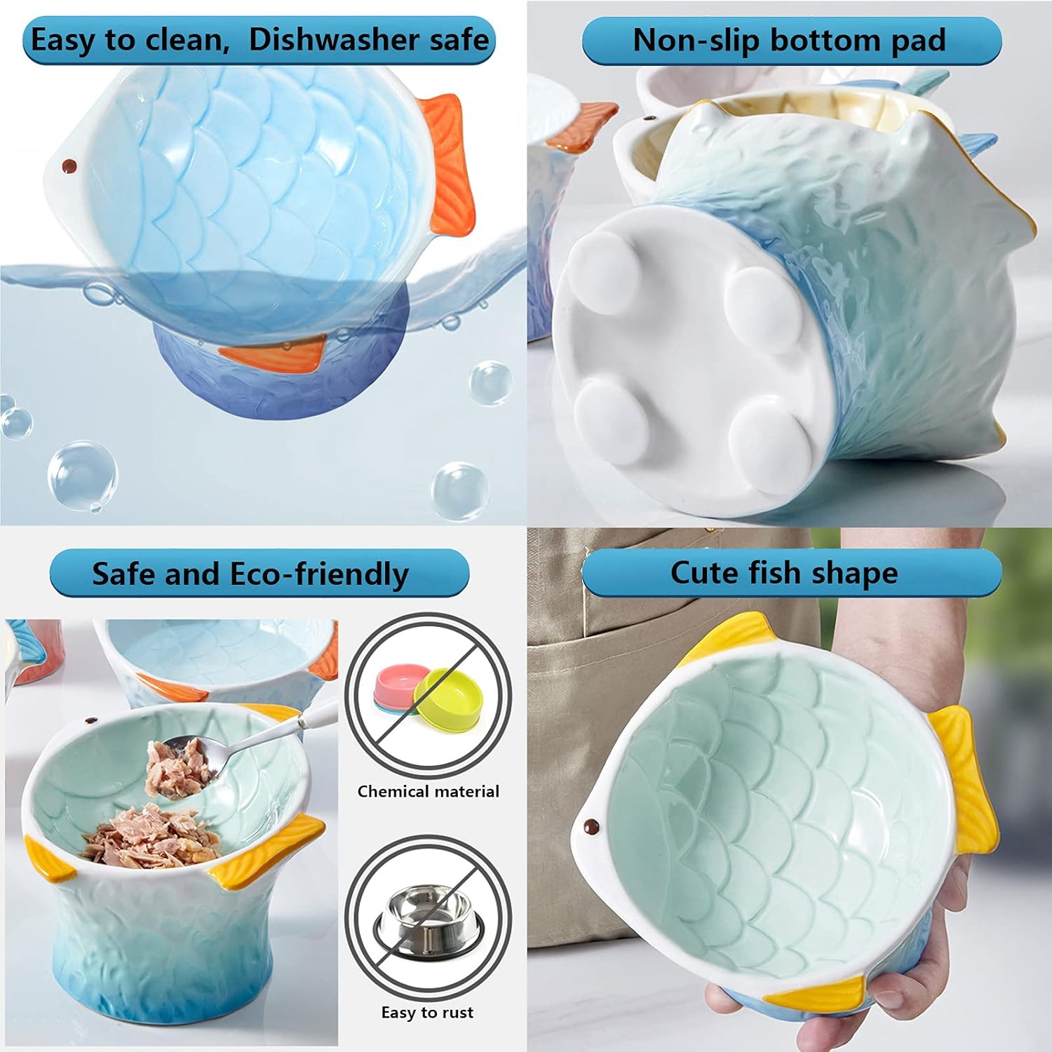 Raised Tilted Ceramic Cat Food Bowl, Cute Fish Shape Elevated Slanted Shallow Angled Cat Dish, Personalized Pet Feeder for Kitty Dry Wet Treats Feeding, Ergonomic anti Vomiting Whisker Friendly - Green image number 4