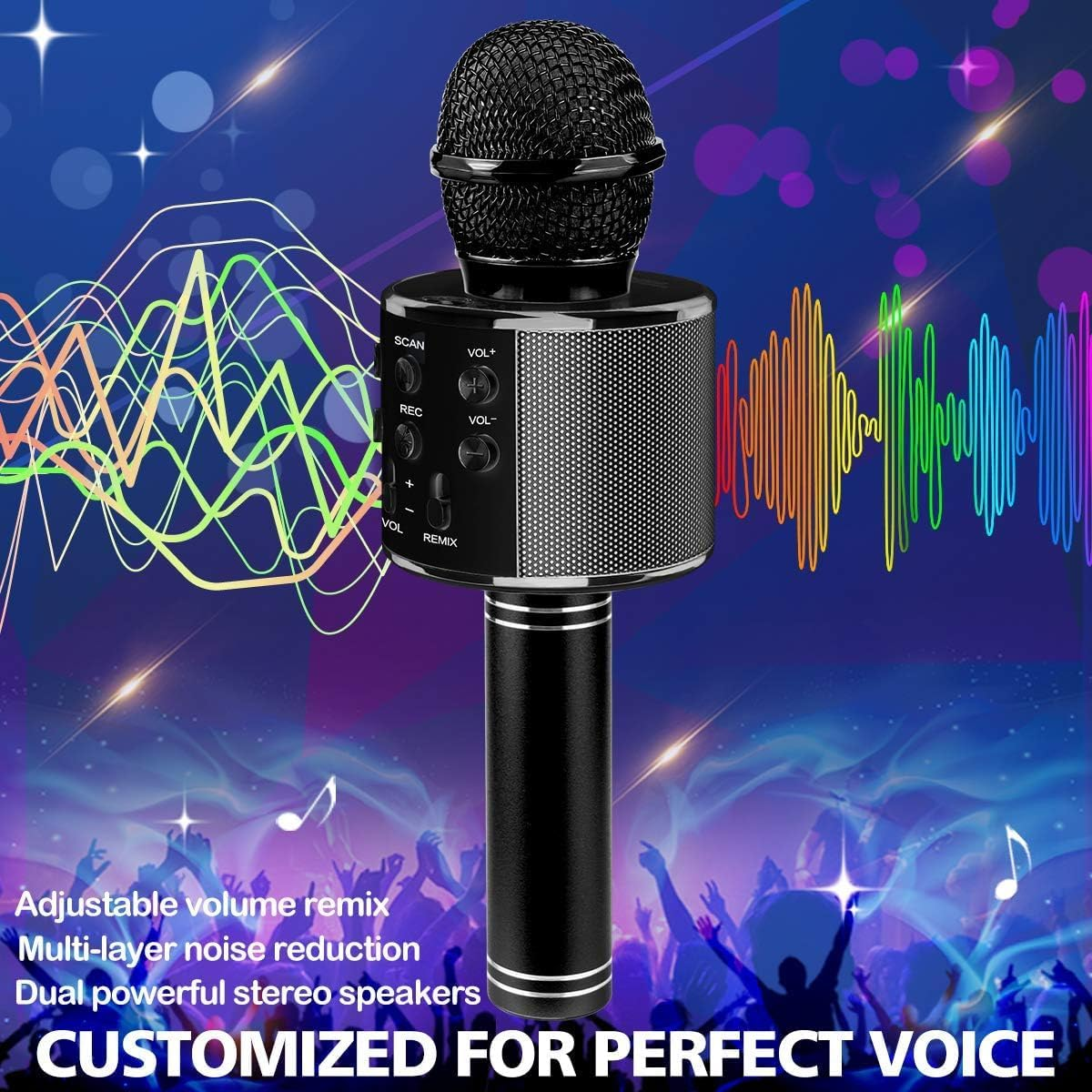 Wireless Bluetooth Karaoke Microphone for Kids, 5-In-1 Portable Handheld Karaoke Mic Speaker Player Recorder with Adjustable Remix FM Radio for Kids Girls Boys (With 32G TF Card,Black)