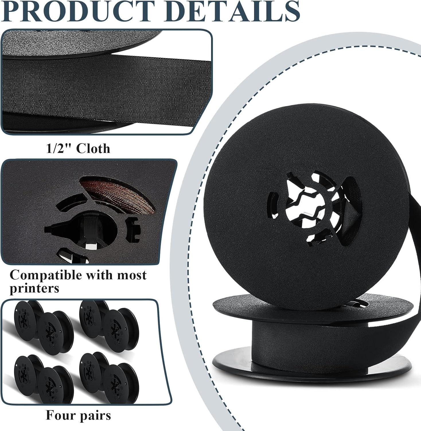 Seajan 4 Pairs Universal Dual Shaft Typewriter Ribbon Vintage Typewriter Ribbon, 1/2 Cloth for Most Machines(Black) - Black image number 3