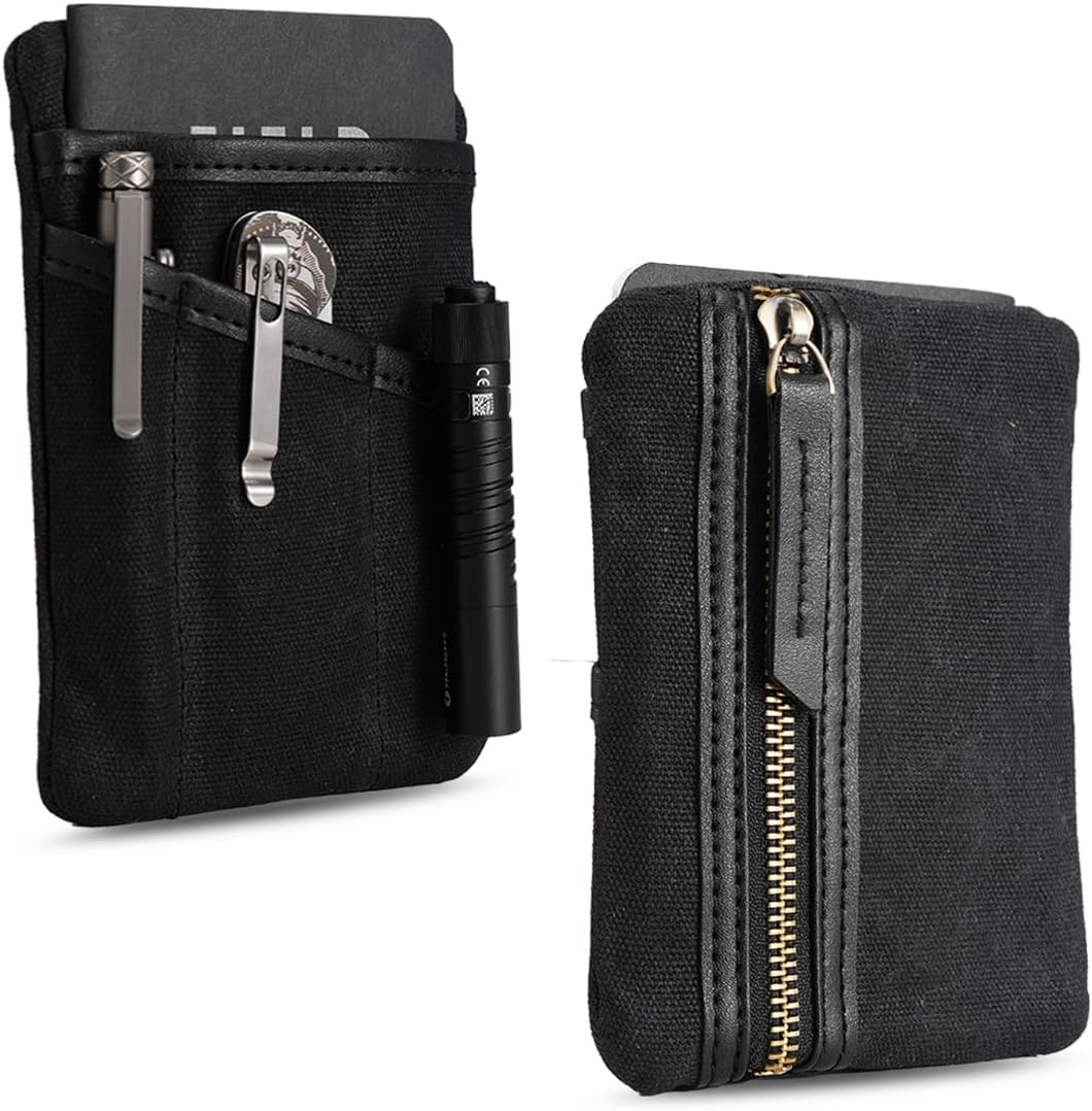 SP4 EDC Pouch, Waxed Canvas Compact EDC Pocket Organizer, Zippered Pocket Pouch for Men, Mini EDC Organizer for Change, Notebook, Tactical Pen, Flashlight
