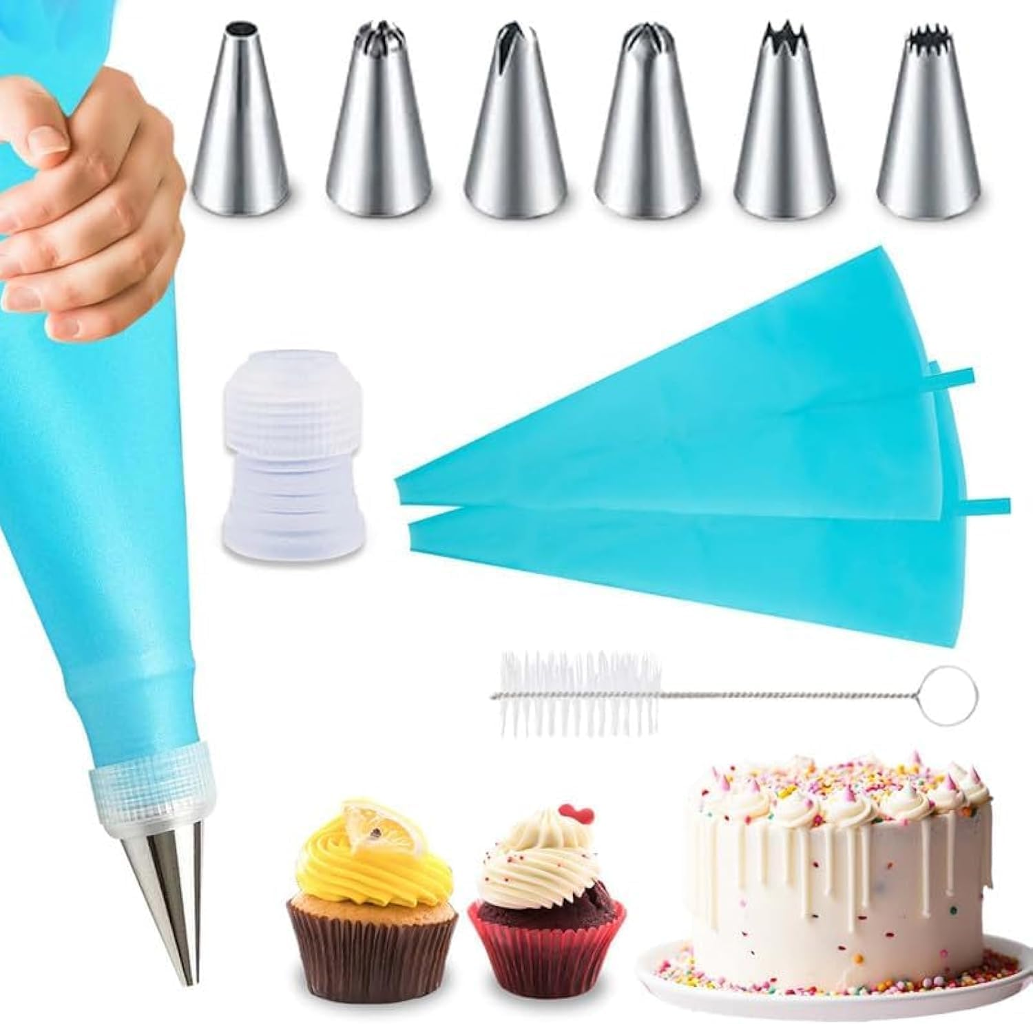 Piping Bags and Nozzles Set of 9 Pcs with 1 Converters,2 Silicone Bags and 6 Premium Stainless Steel Piping Nozzles for Decorating Cakes & Cupcakes