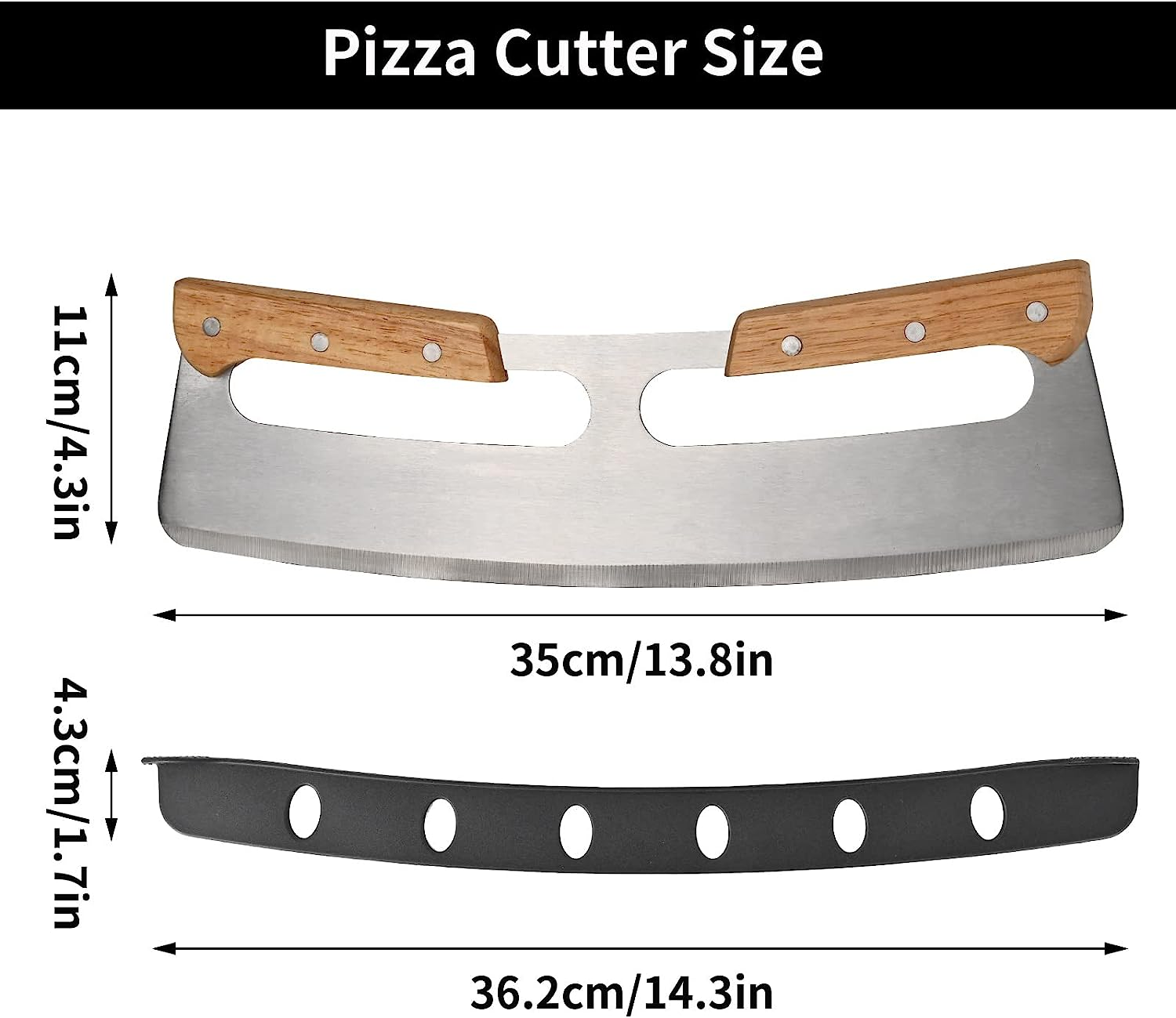 14&rdquo; Pizza Cutter Rocker Stainless Steel Arc-Shaped Blade with Protective Cover-Solid Wood Double Grip-Kitchen Pizza Tool image number 5