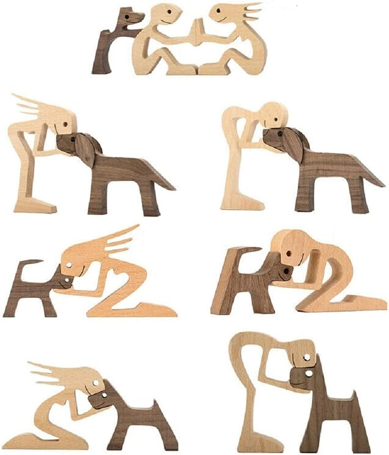 Unique Gift Hand Carved Wood Dog Human Statue Figurine Sculpture Home Office D&eacute;cor, Wooden Man Carving Model to Remember Friendship between Dog and People image number 4