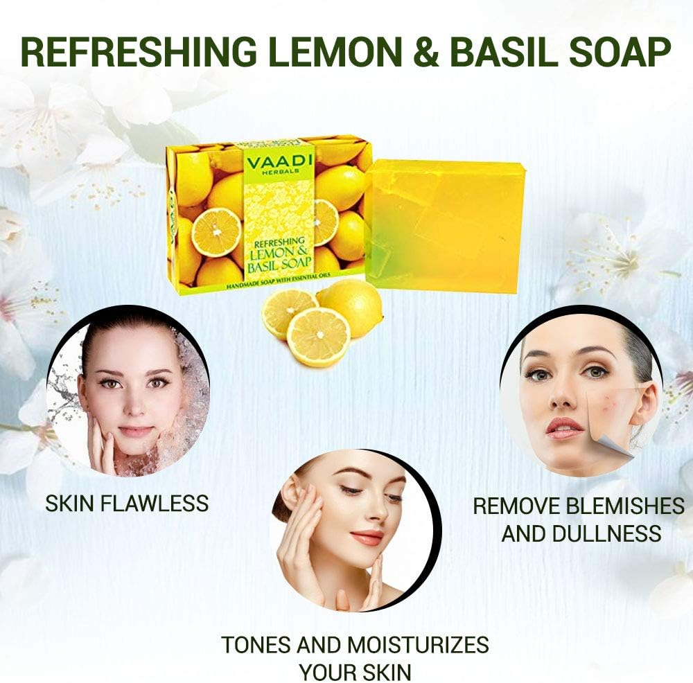 Vaadi Herbals Organic Body Soap Bar Lemon Basil Detoxifies Tones Brightens Skin Handmade Herbal Soap (Aromatherapy) with 100% Pure Essential Oils - All Natural - Anti-Acne Deep Pore Cleansing Removes Pimples Oil Control Sulphate Free All Skin Type 3 X 75 Gm image number 1