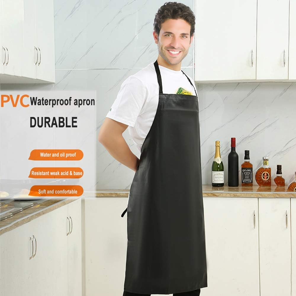 Waterproof Rubber Vinyl Apron with Adjustable Length Neck Strap, Heavy Duty 36.6" Plastic Apron Keeps You Clean and Dry When Dishwashing, Lab Work, Butcher, Dog Grooming, Cleaning Fish, Black image number 2
