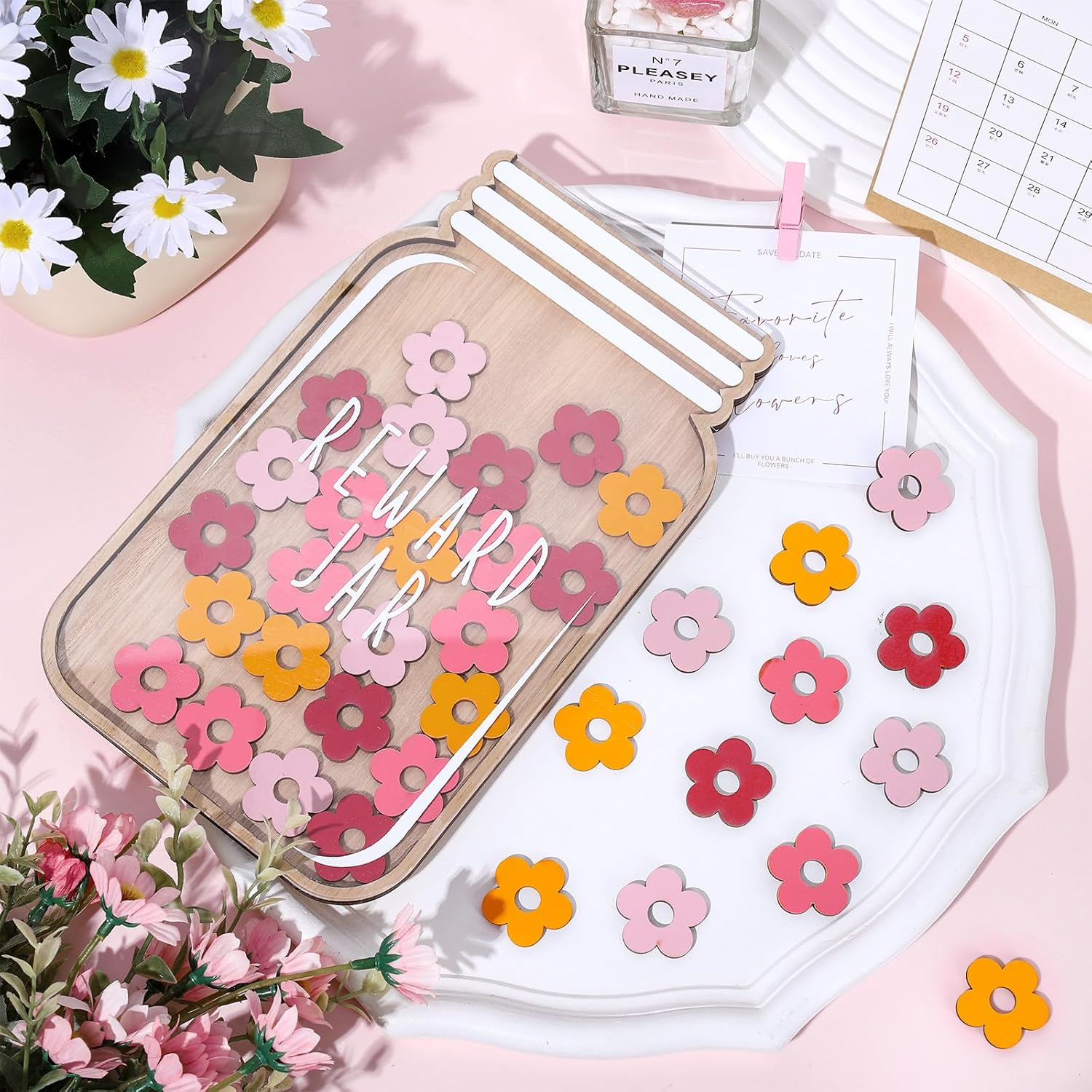 Jarthenaamcs Wooden Reward Jar for Kids Daisy Flower Cutouts Positive Incentive Behavior Chart with Base Management Tools Decoration Reward System for Student Teacher School Classroom Supplies, 38Pcs image number 5