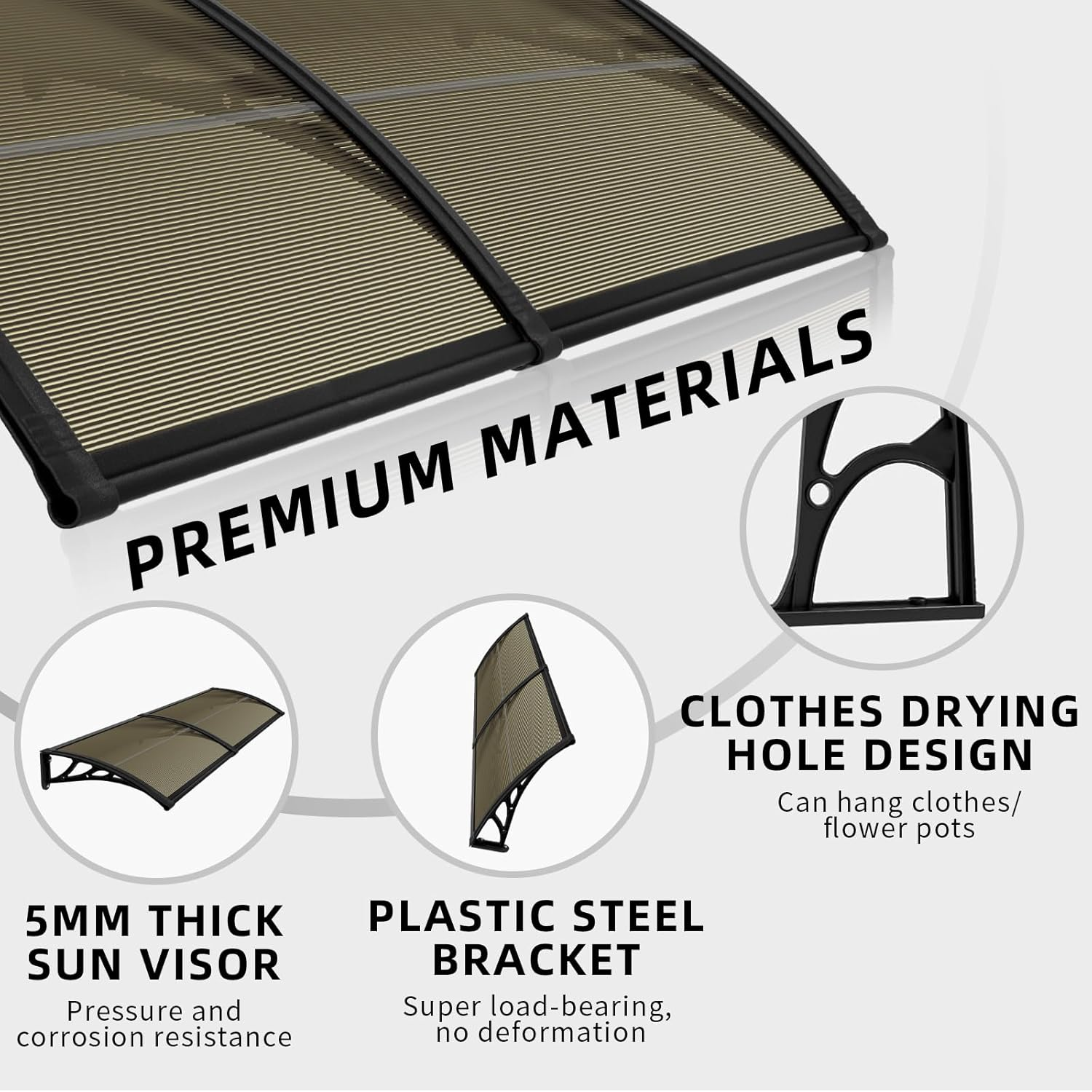 1M X 2M Brown Window Canopy Awning, Window Door Awning for Rain, Heavy Duty Window Awnings Sun Shade, Durable Door Awnings Rain Shelter, Reinforced Window Canopy with Black Bracket Outdoor image number 6