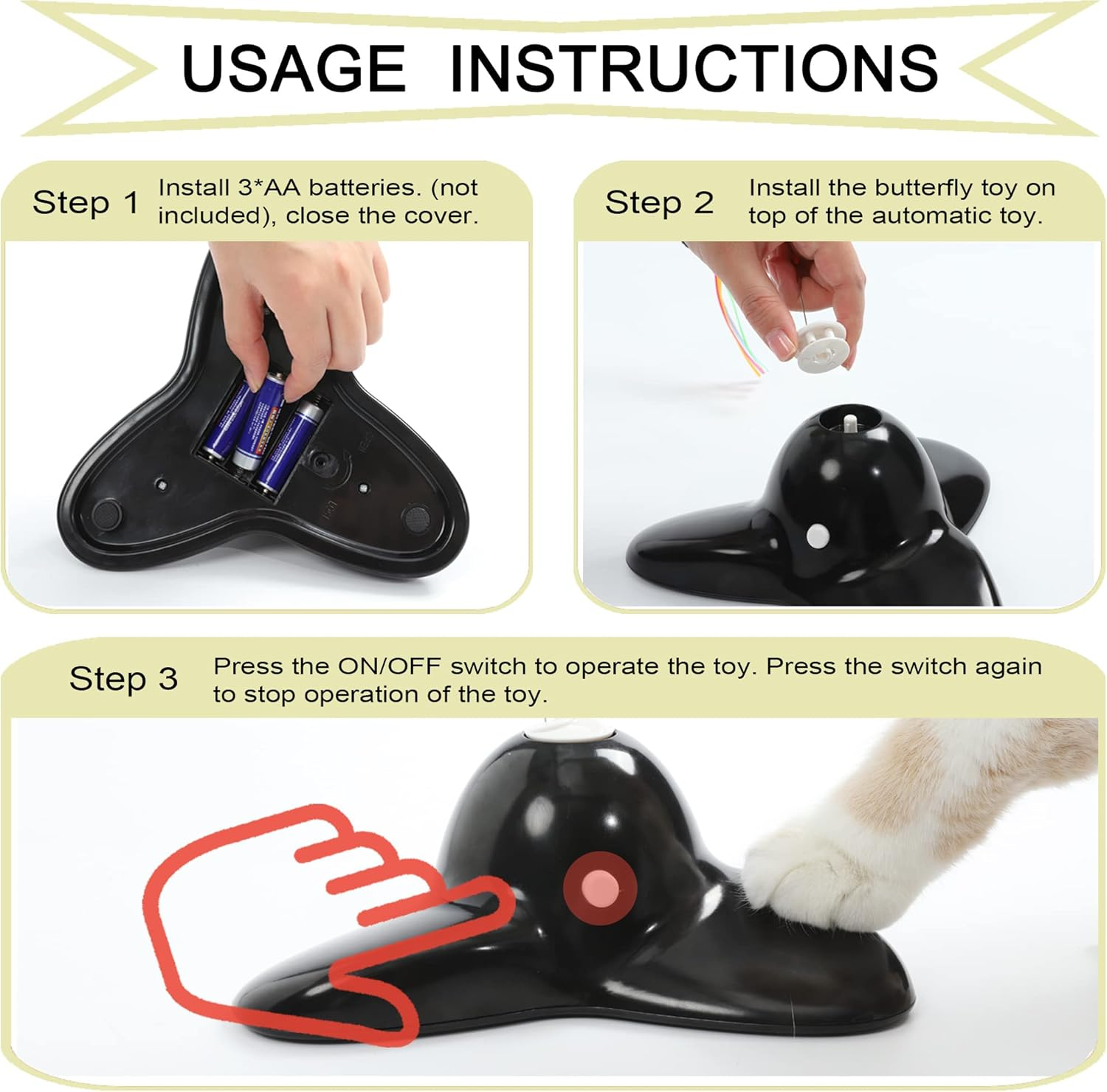 Vealind Indoor Interactive Play Teaser Cat Toy with 360&deg;Electric Rotating Butterfly (Black) - Butterfly Replacements image number 3