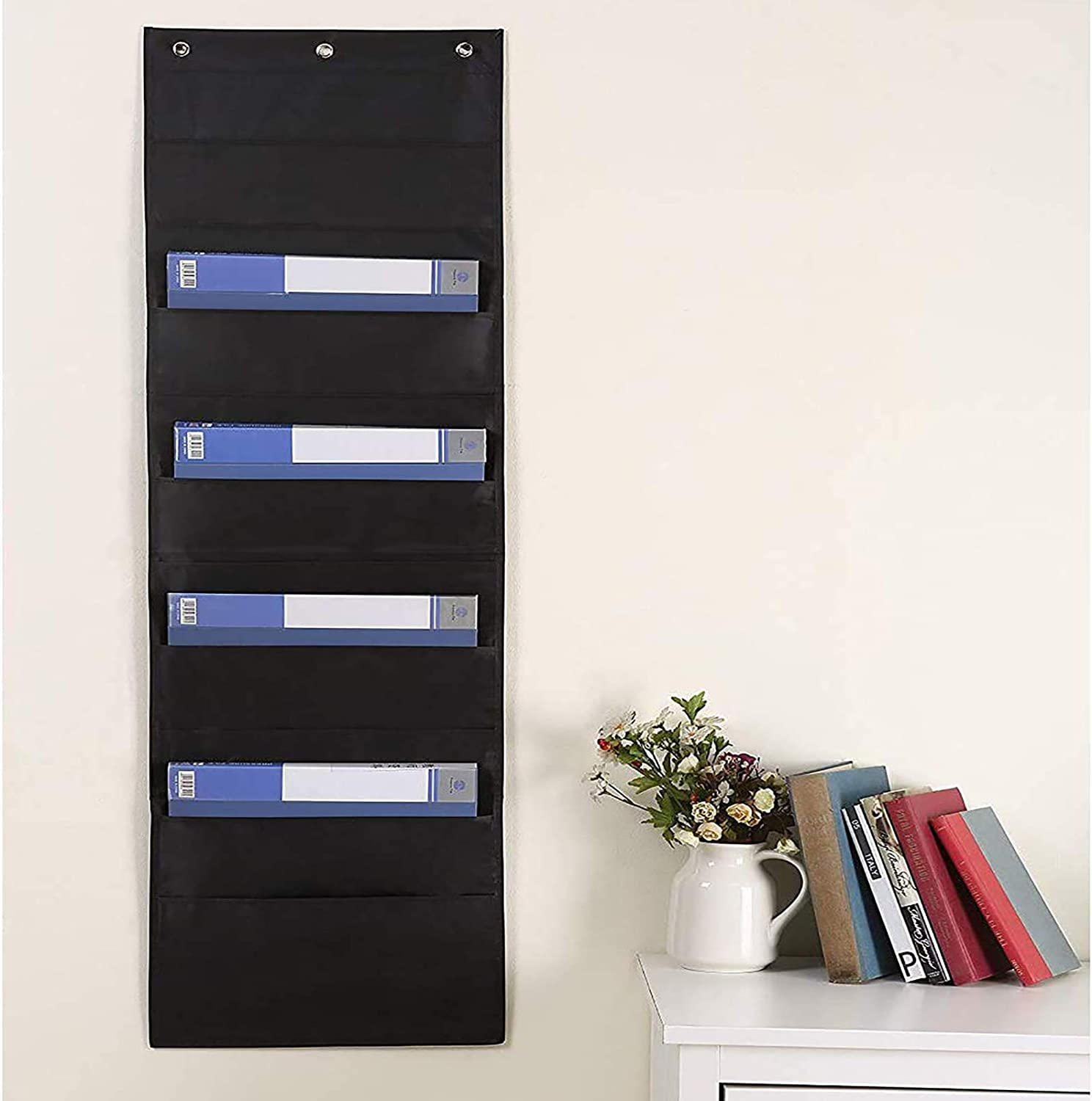 Black Storage Pocket Chart with 10 Pockets 3 over Door Hangers Included Hanging Wall File Organize image number 2