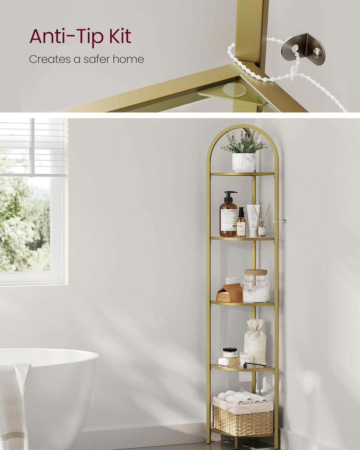 VASAGLE 5 Tier Corner Ladder Bookshelf Tempered Glass Modern Style Golden Color - Classic Black image number 2