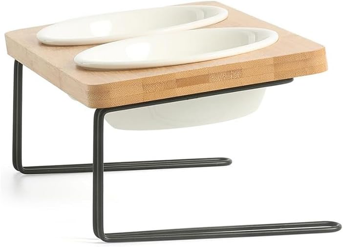 Elevated Ceramic Cat Bowls with 15&deg; Tilted Solid Bamboo Stand &ndash; Raised Food & Water Feeder Set for Cats & Small Dogs, Anti-Vomit Non-Slip Design image number 5