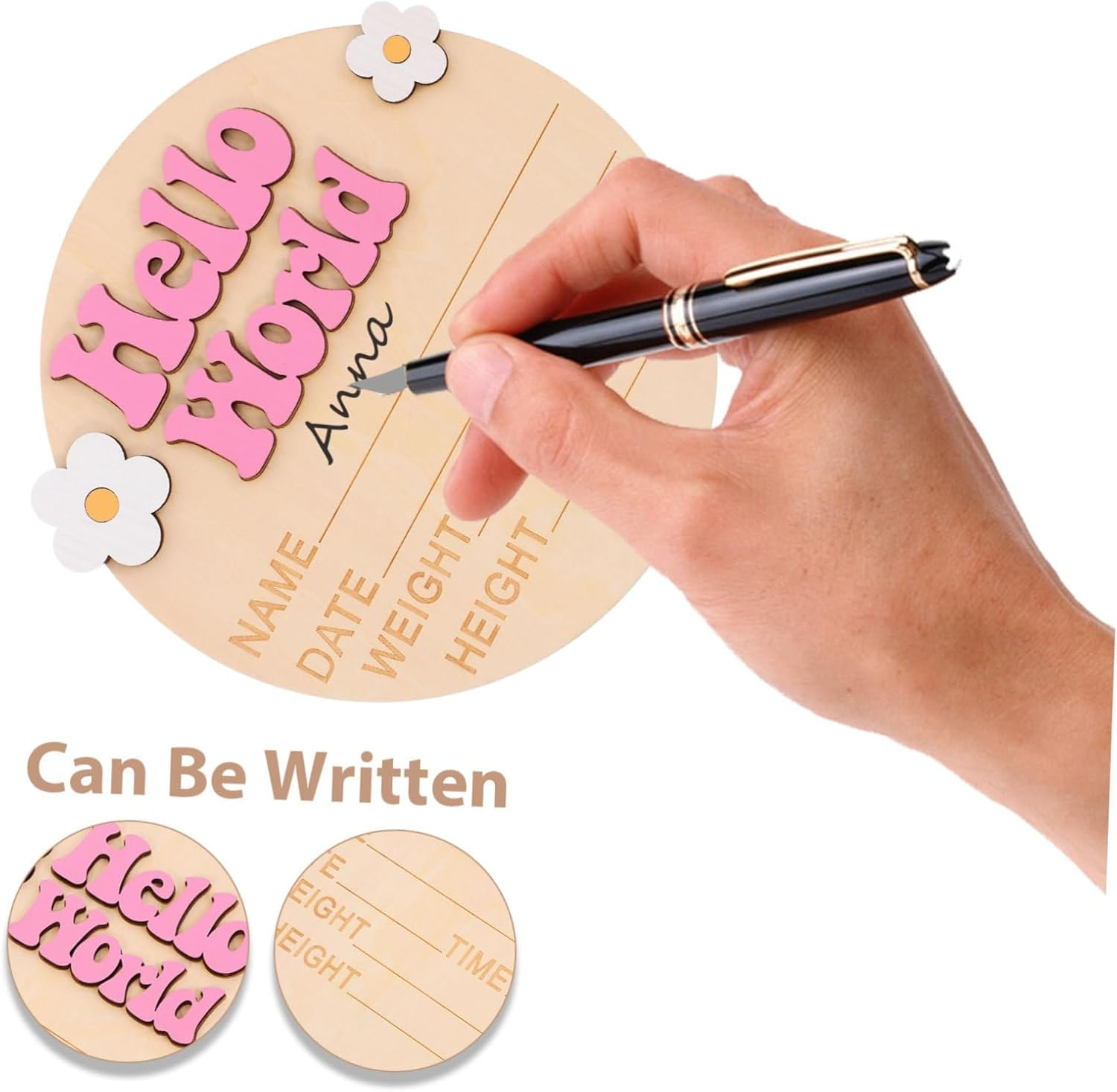 SECFOU Wooden Newborn Announcement Sign Baby Name Sign for Nursery Decor Pink Growth Plaque Baby Shower Photo Prop Newborn image number 2