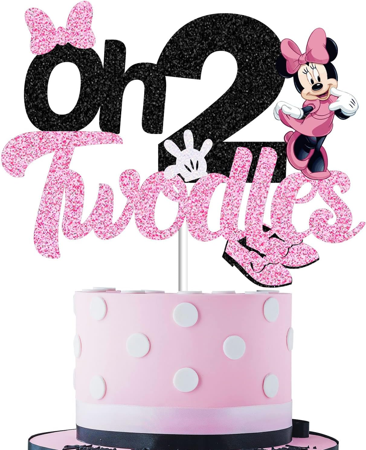 Oh Twodles Cake Topper for Girls, Black Glitter Mouse Second 2Nd Birthday Cake Topper with Pink Bows and White Gloves Girls Birthday Party Decorations Supplies(Double-Sided) image number 1