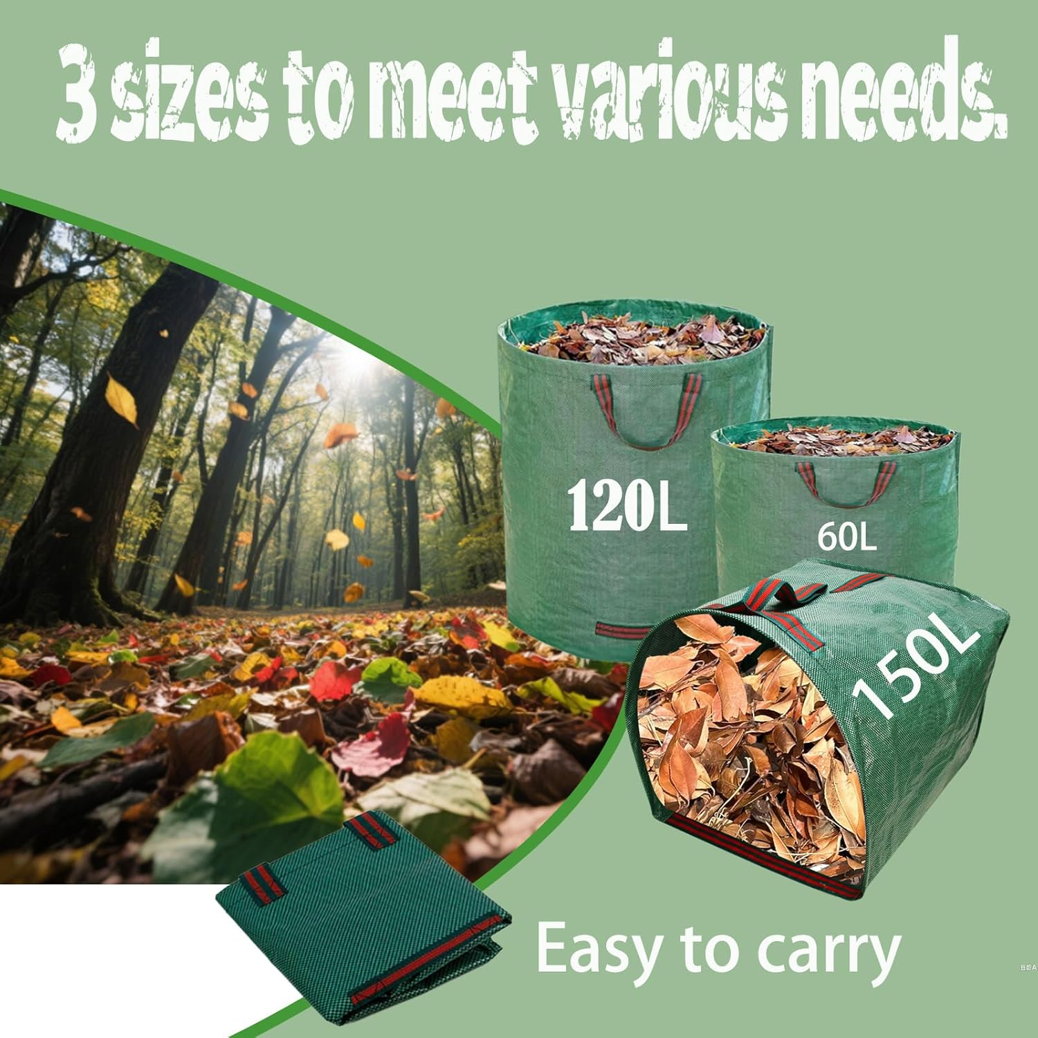 Garden Waste Bags Set of 3, Heavy Duty Reusable Green Leaf Collection Bags with Handles, Includes Work Gloves image number 3