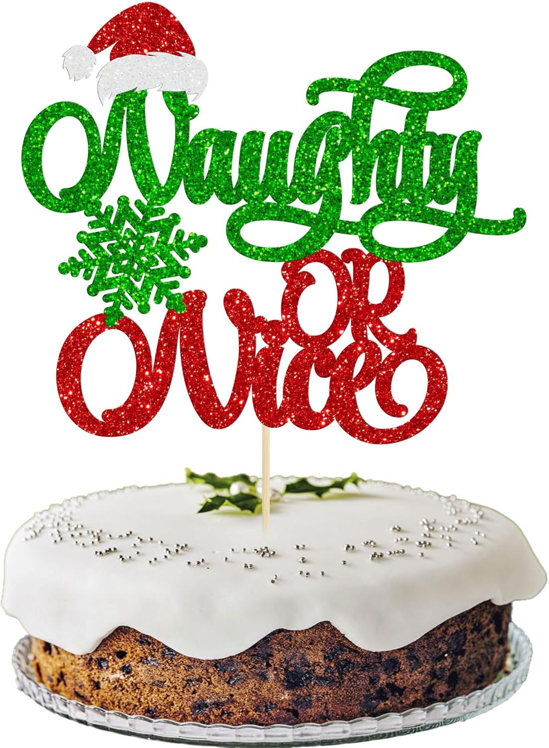 Gyufise 1Pc Naughty or Nice Cake Topper Red Green Glitter Santa Hat Snowflake Christmas Cake Decoration for Naughty Merry Christmas Theme Birthday Baby Shower Party Happy New Year Party Supplies
