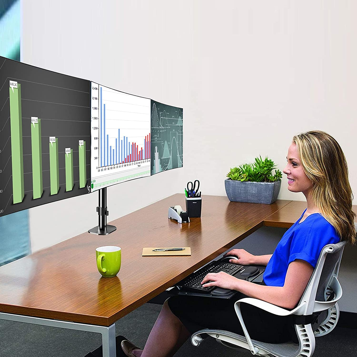 Triple Monitor Stand Mount-Gas Spring Stand with Clamp and Grommet Base, Fully Adjustable Desk Mount Fits Three 17-27 Inch LCD Computer Screens, Each Arm Holds up to 13.2Lbs,(Md8003) image number 6