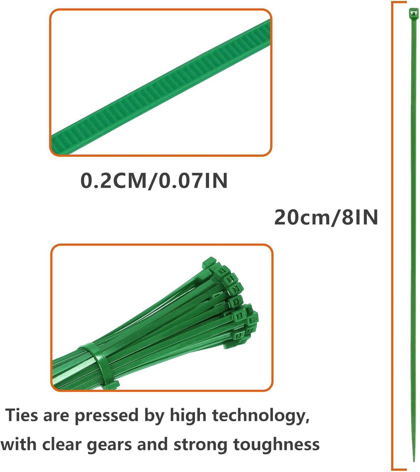 TORMEN 8 Inch Cable Ties, 18Lbs Nylon Wire Zip Tie，Adjustable Assortment Cord Management for Home, Office, Gardening (Green 100Pcs） image number 1