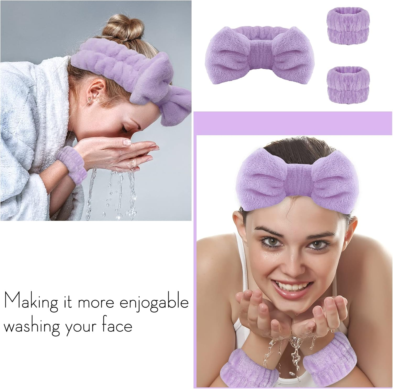 WSYUB Spa Headband, Wristbands, Headband for Washing Face, 2Pcs Wristlets for Sleeves Dry, Make up Headband,Purple - Black And White image number 7