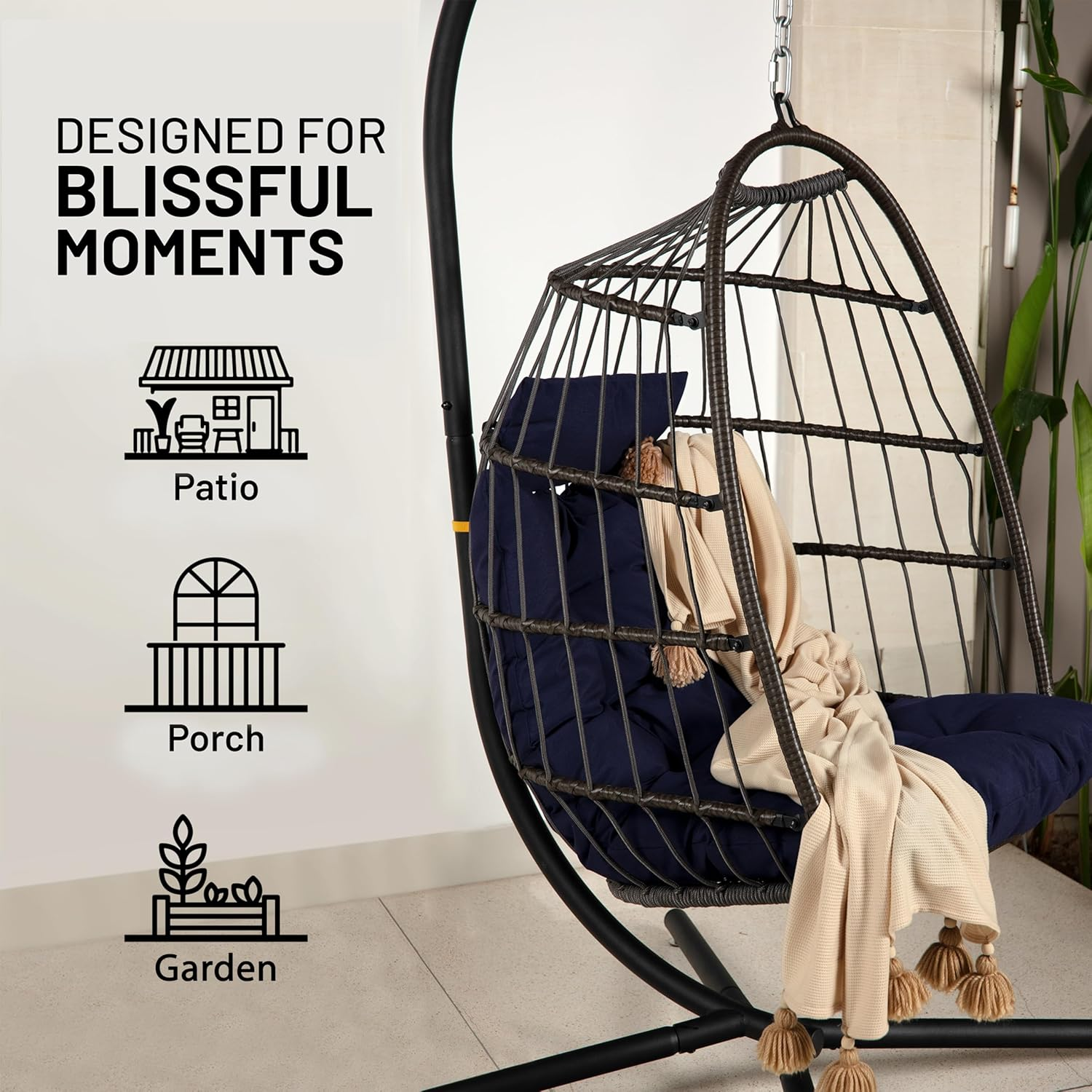 Serenelife Hanging Egg Chair with Stand - up to 250 Kg of Capacity - Beautiful Swinging Basket Chair with Base Made from Wicker Rattan and Powder-Coated Steel Frame - Egg Swing Chair with Stand image number 5