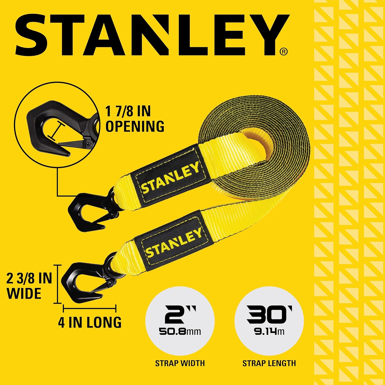 STANLEY &lrm;S1053 Black/Yellow 2" X 30' Heavy-Duty Tow Strap with Black Forged Steel Hooks - 3,000 Safe Working Load / 9,000 Lb Break Strength image number 5
