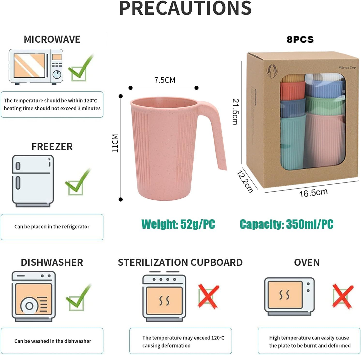 8 Pcs Wheat Straw Cup with Handle Colorful Wheat Straw Mug Stackable Plastic Coffee Cups Set 12 Oz Unbreakable Coffee Mug Reusable Plastic Mug Dishwasher Safe for Coffee Milk Tea image number 2