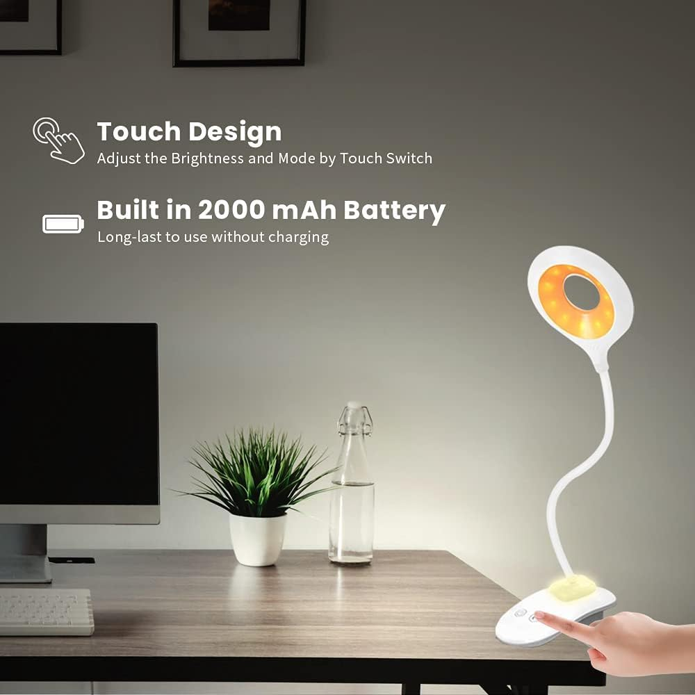 Clip on Reading Light 28 Leds Eye Protect Book Light USB Rechargeable Clamp Lamp 3 Colours & Touch Sensor Control with Night Light Dimmable Clamp Desk Lamp image number 4