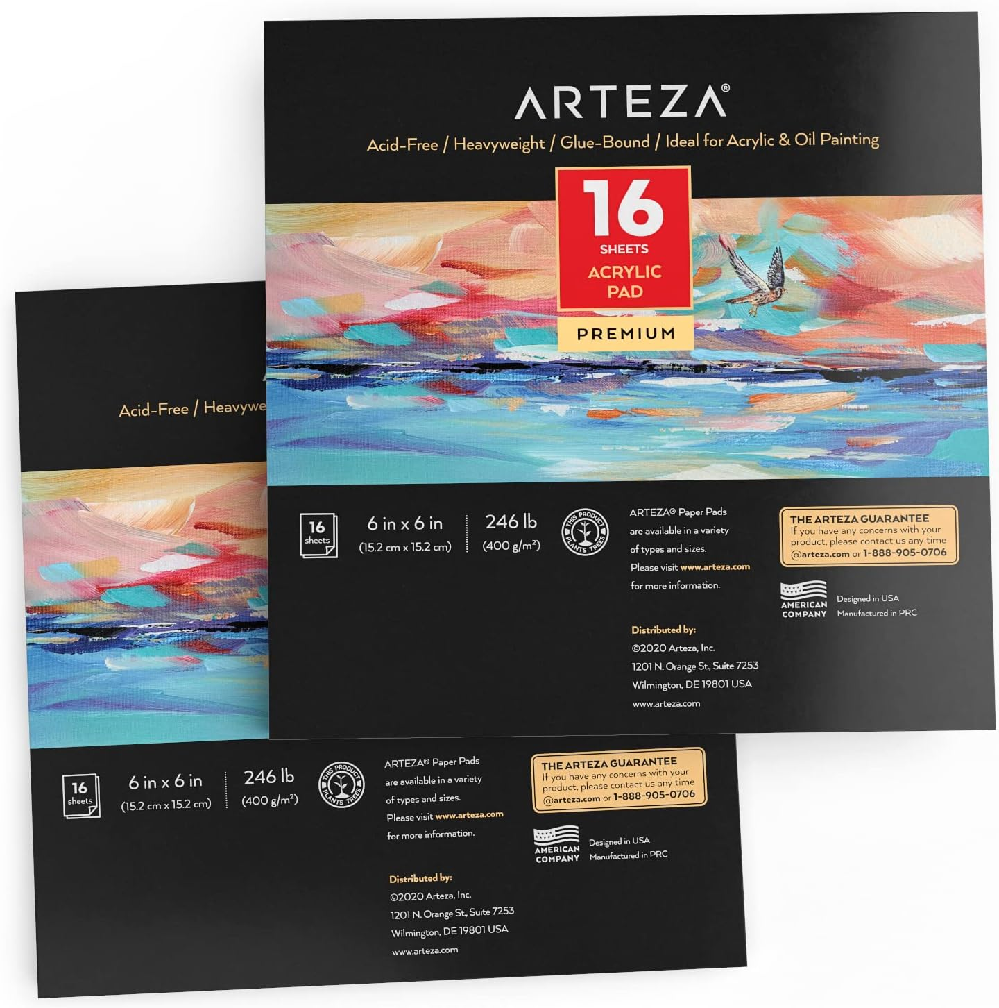 Arteza Black Acrylic Sketchbook, Pack of 2, 6 X 6 Inches, 16 Sheets Each, 246-Lb Painting Pad, Art Supplies for Acrylic and Oil Painting, Drawing and Sketching