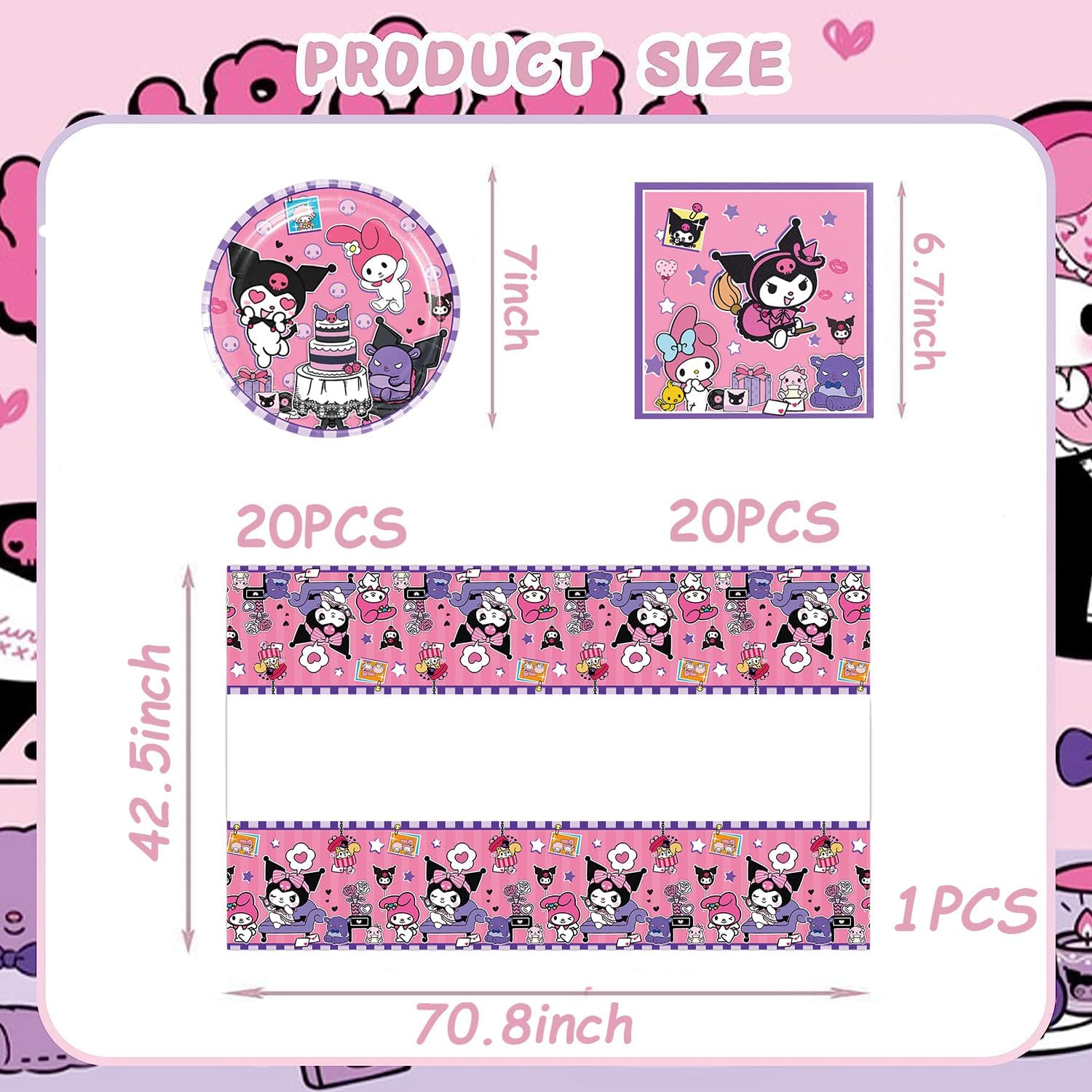 41Pack Kuromis Birthday Party Supplies Include 20 Plates, 20 Napkins 1 Tablecloth for the Kuromis Party Decoration image number 4
