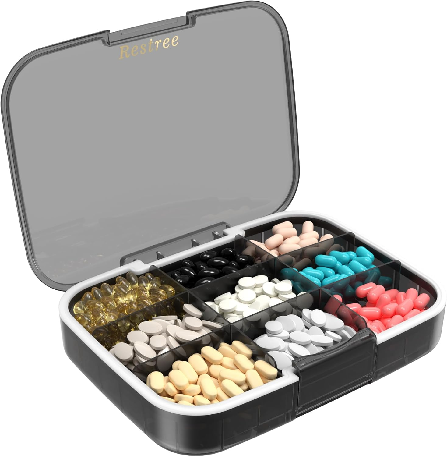 RESTREE Pill Organizer, Portable Pill Dispenser, Moisture-Proof Travel Pill Case for Vitamin, Medicine, Fish Oil/Supplements Extra Large 9 Compartments(Green)