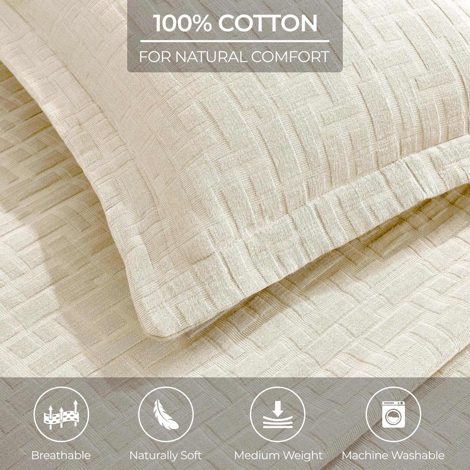 Superior 3 Piece Cotton Bedspread and Sham Set, Home Bed Decor, Decorative Bed Spread, 2 Pillow Shams, Medium Weight, Matelasse Coverlet, Bedding Essentials, Madrid Collection, California King, Ivory image number 2